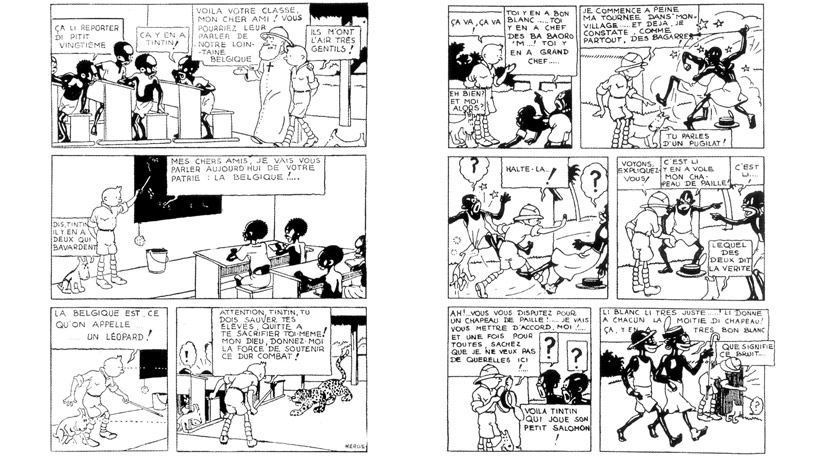 Zwou Säiten aus der original-Versioun vun "Tintin au Congo"