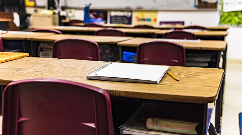 Empty classroom, School classroom education concept. Classroom interior for lesson, classroom desk with notebooks and pencil