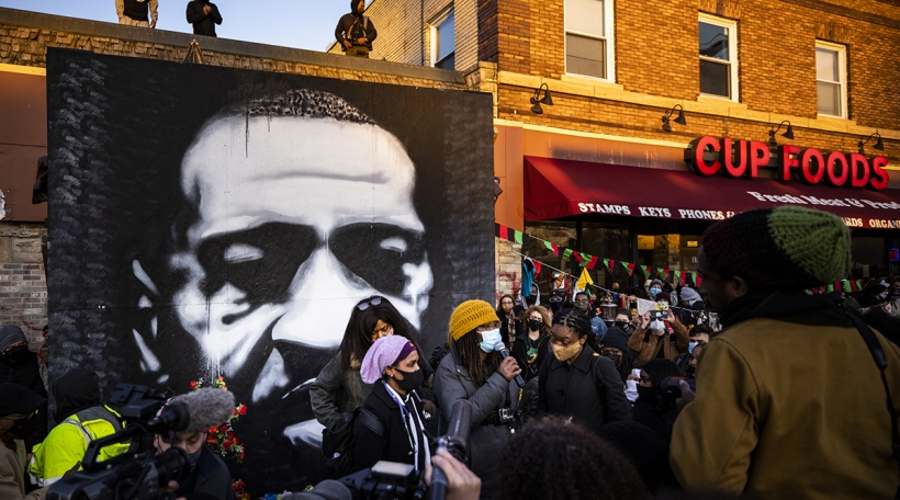 Family members of George Floyd speak in front of Cup Foods after a jury found former Police officer Derek Chauvin guilty on all counts in the murder of George Floyd in Minneapolis, M.N., U.S., on Tuesday, April 20, 2021. Cup Foods is where police were cal
