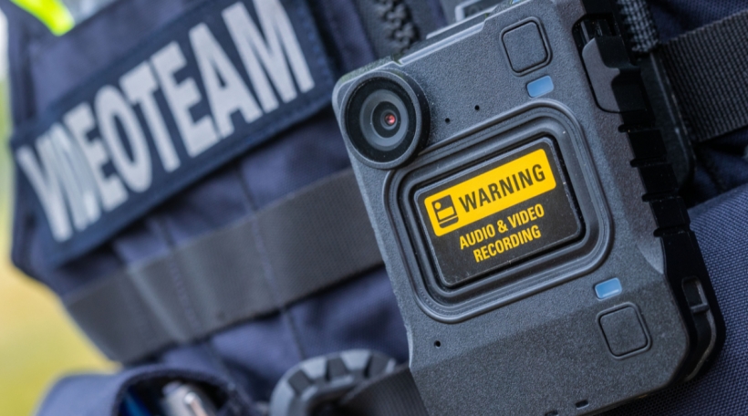 Eine neue Body-Cam hängt an der Schutzweste einer Polizeibeamtin. Bei der Polizei in Mecklenburg-Vorpommern gehören die Kameras für Film- und Tonaufzeichnungen nun zur Standardausrüstung von Polizeistreifen in den größeren Städten. In den Jahren 2018/19 w
